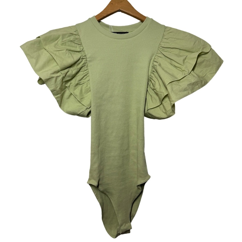 Zara Ruffle Sleeve Ribbed Bodysuit Small Green NEW Tiered Flutter Shoulder Top